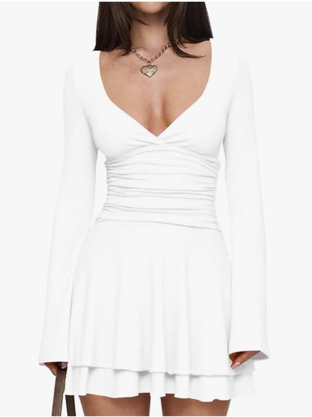 MISNG White Euro Summer Ruffle Hem Mini Dress Ruched Waist Short Bridal Party
